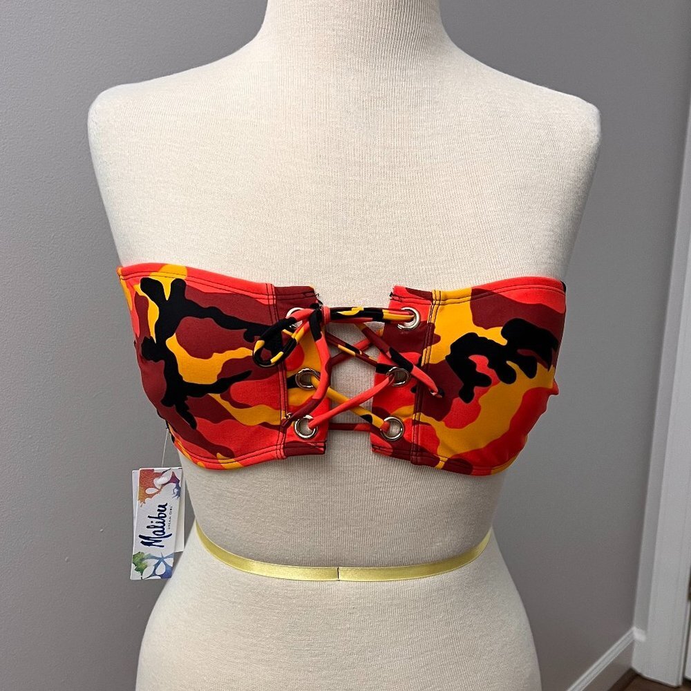 NWT MALIBU Dream Girl Orange Camo Eyelet Lace-up Bandeau Bikini top Sz M